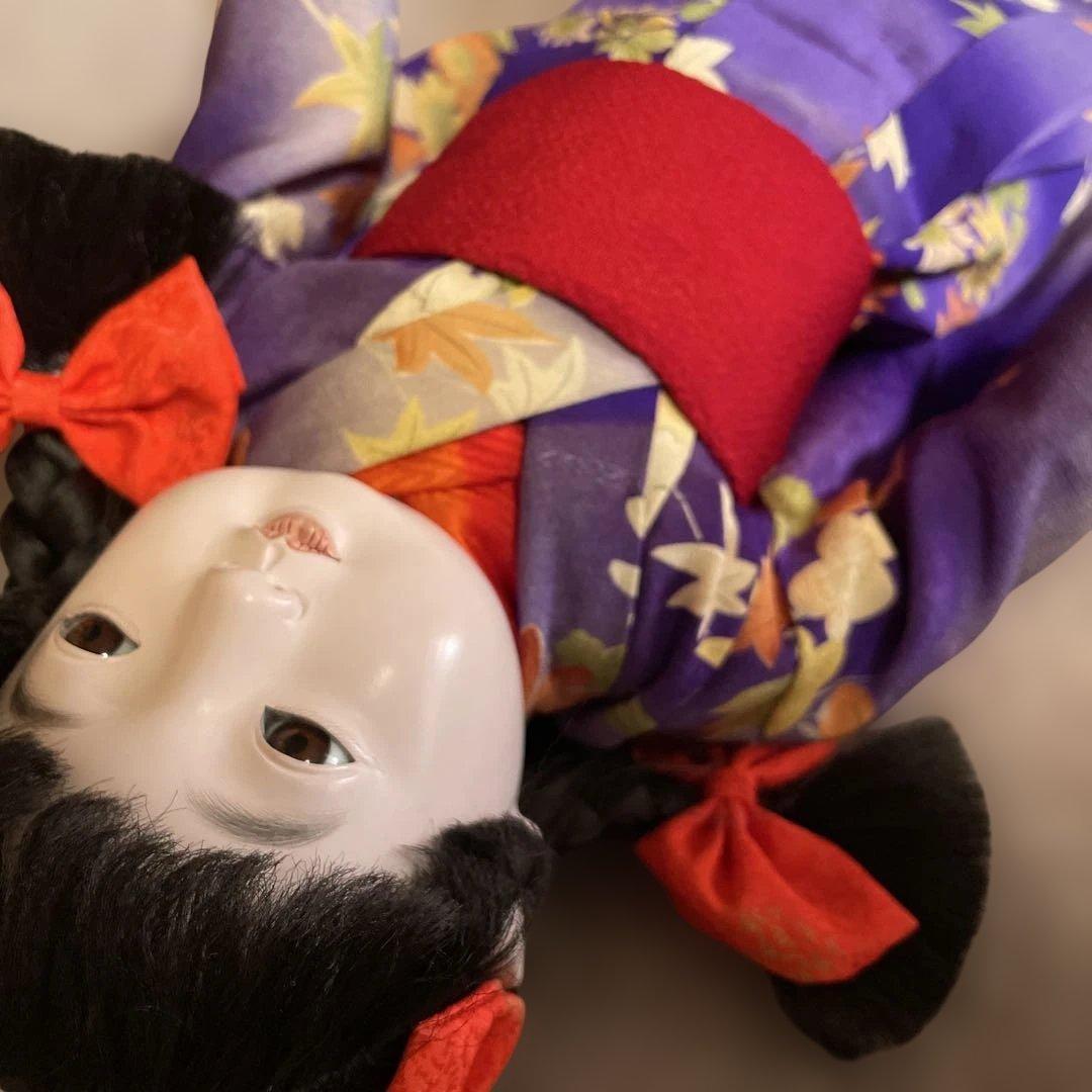市松人形 松乾斎東光　アンティーク紫色の着物 赤いリボン　美品