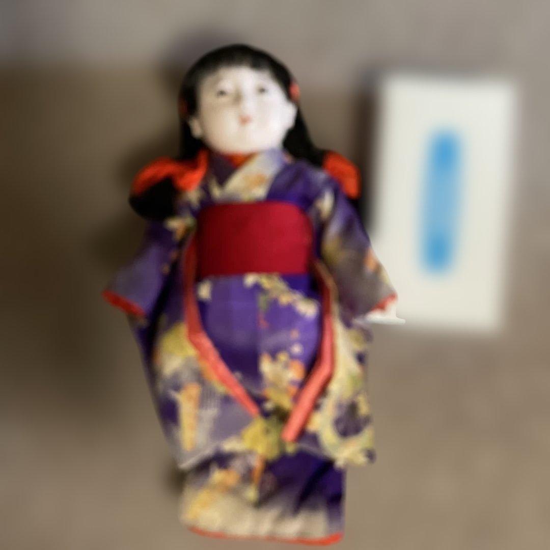 市松人形 松乾斎東光　アンティーク紫色の着物 赤いリボン　美品
