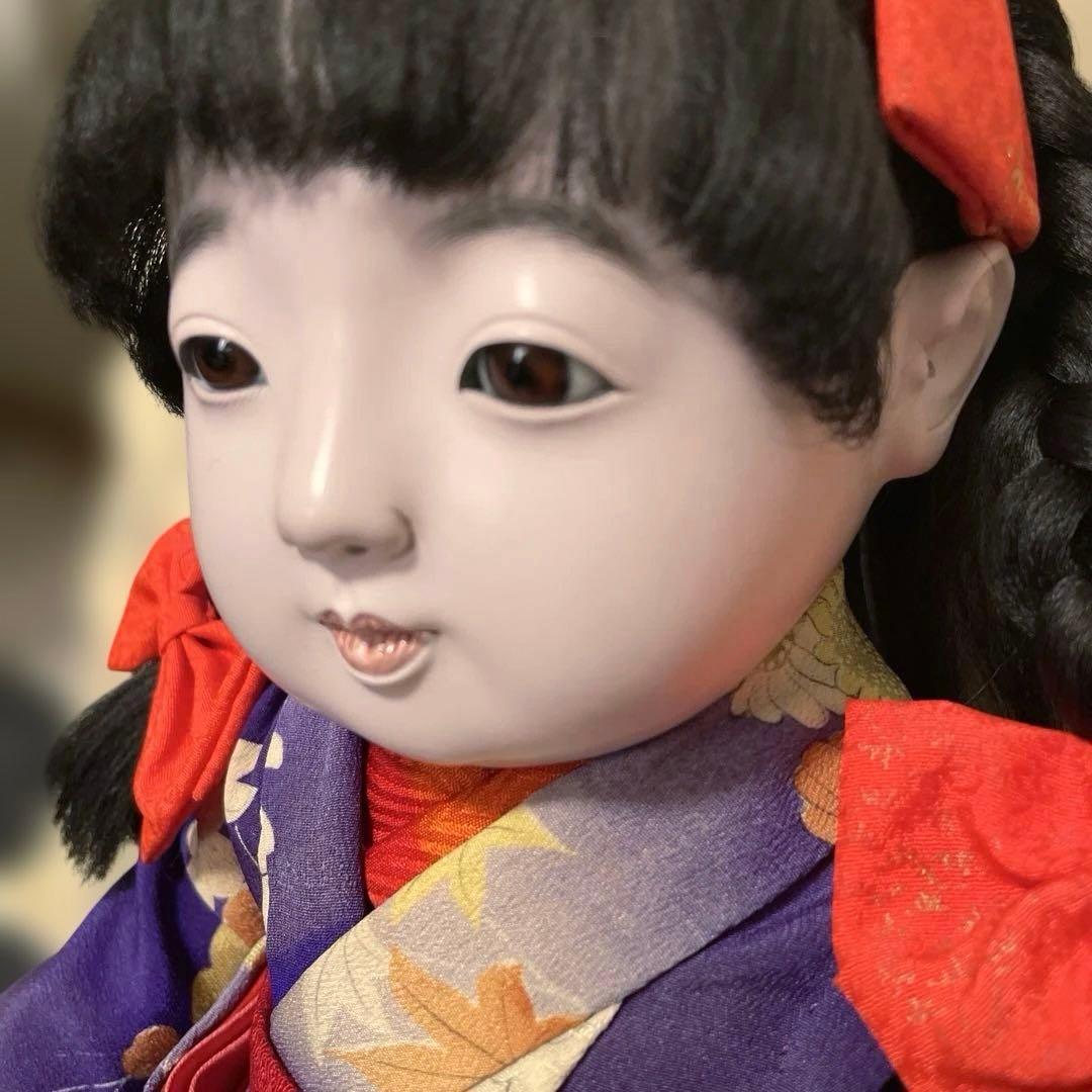 市松人形 松乾斎東光　アンティーク紫色の着物 赤いリボン　美品