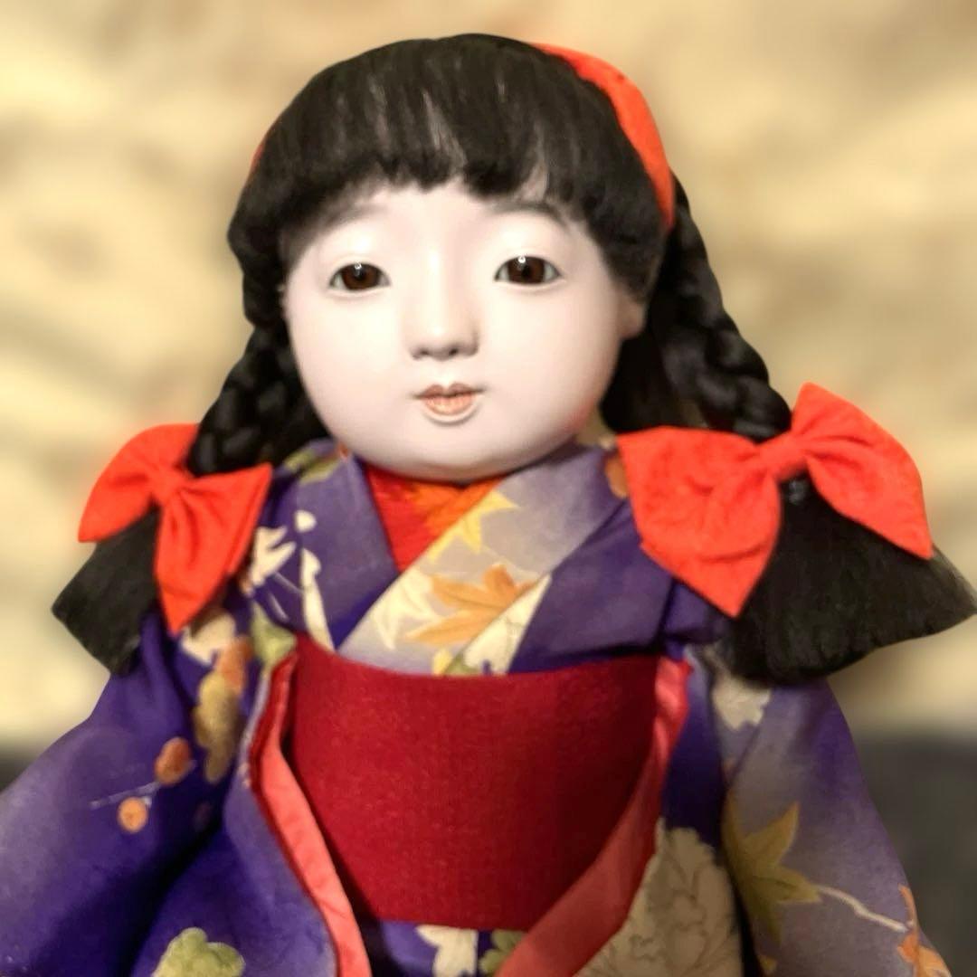 市松人形 松乾斎東光　アンティーク紫色の着物 赤いリボン　美品