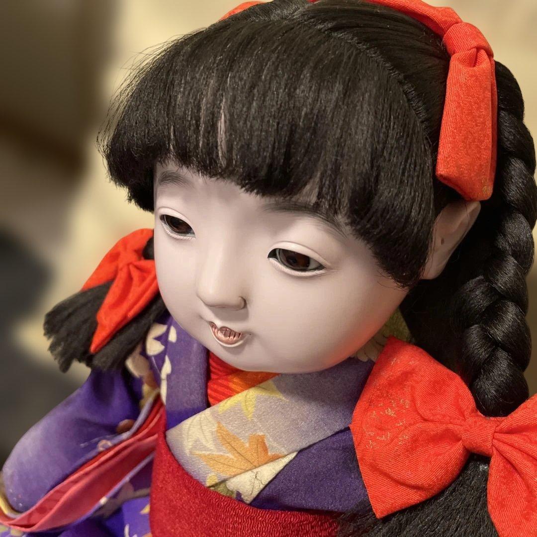 市松人形 松乾斎東光　アンティーク紫色の着物 赤いリボン　美品