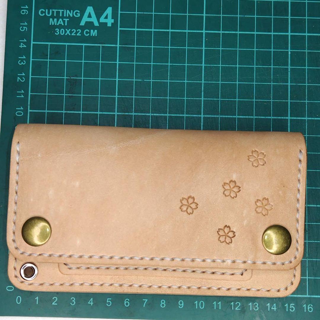 ヌメ革 ミドル トラッカーウォレット 桜刻印 本革 ハンドメイド