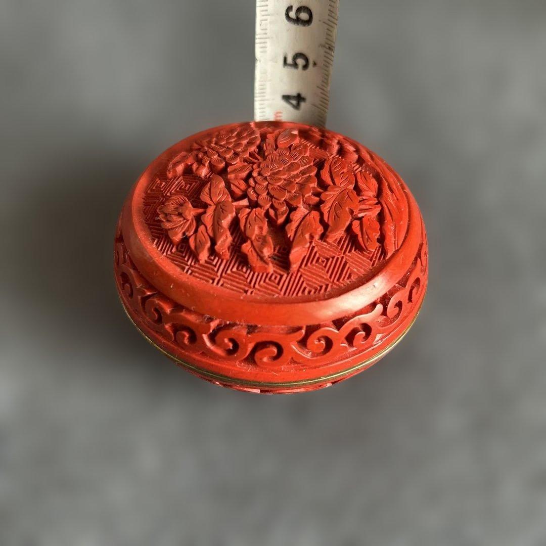 中国骨董旧蔵【民国時代銅胎彫漆堆朱内七宝香合】高級厚重希少珍貴細工精密彫刻牡丹図