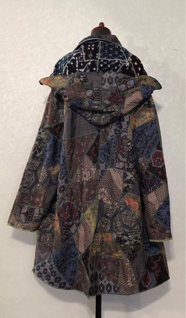 ハンドメイド　着物リメイク　大島紬&綿つぎはぎリバーシブルラグランコート