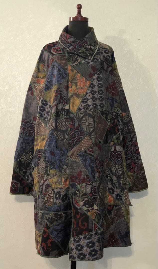 ハンドメイド　着物リメイク　大島紬&綿つぎはぎリバーシブルラグランコート
