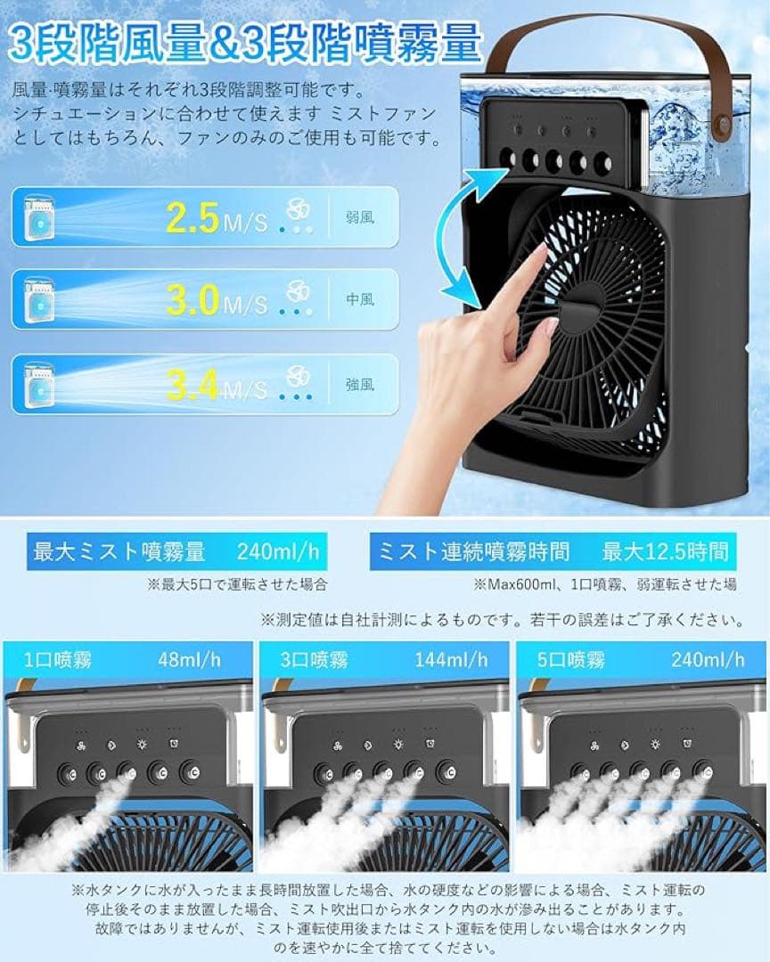 冷風扇 卓上ミストファン 3段階風量 LED付 タイマー Type-C給電