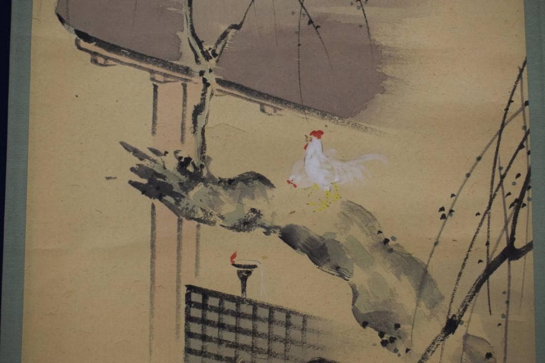 【真作】神阪春圃/古梅双鶏図/圓山派画家/掛軸☆宝船☆Y-232　JM