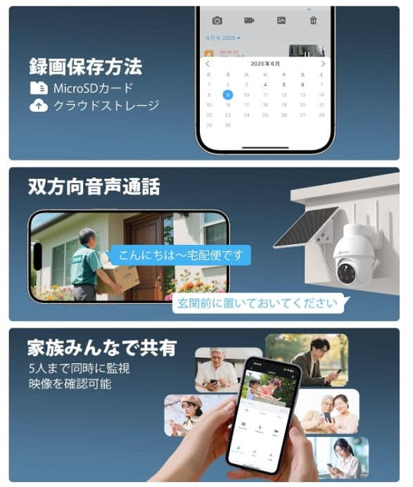 業界初・800万画素　防犯カメラ 360°撮影 警報通知 電源不要