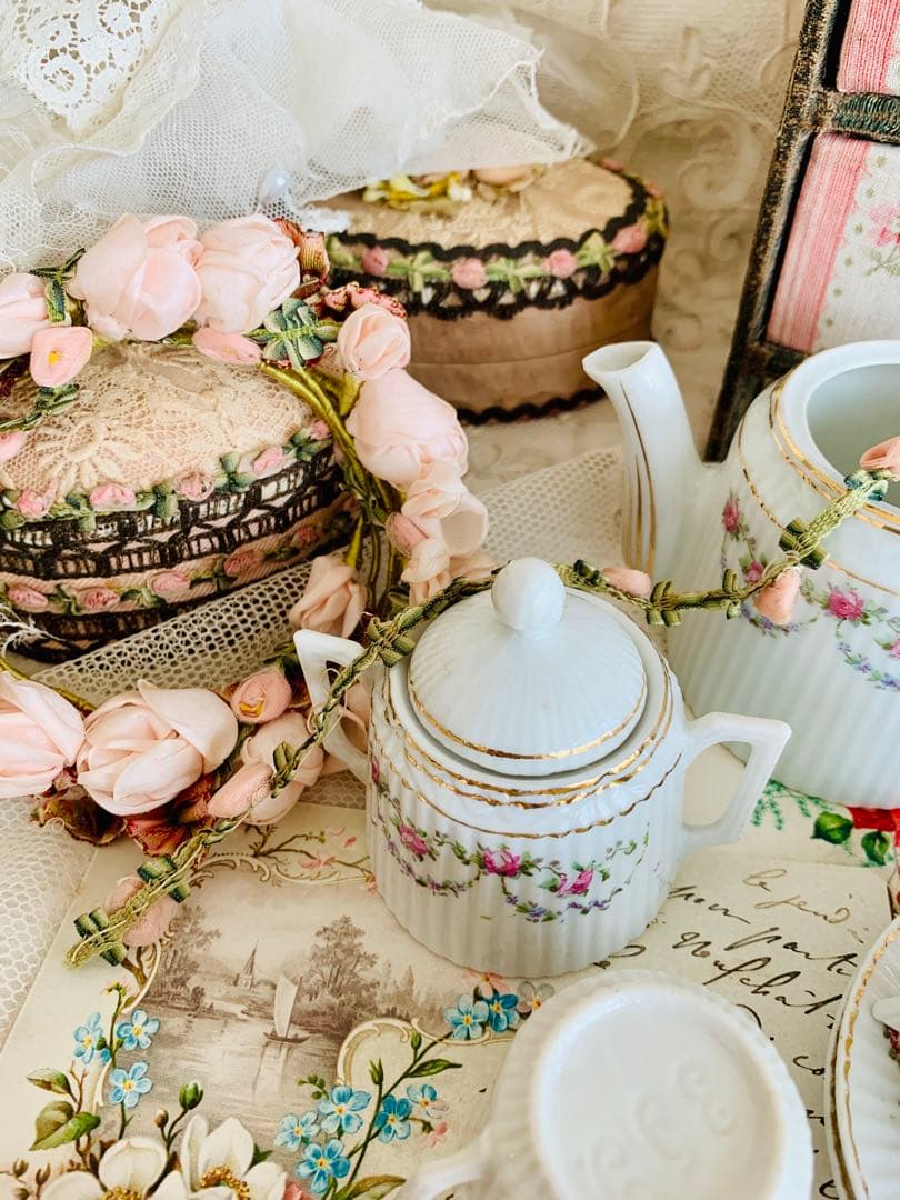 フランスアンティークディネット陶器ティーセット6点set※ローズと小花ガーランド