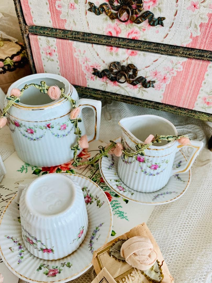 フランスアンティークディネット陶器ティーセット6点set※ローズと小花ガーランド