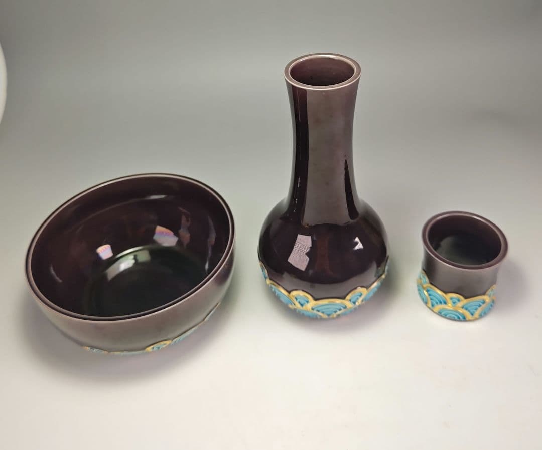 ウ337 皆具『中村翠嵐』『紫交趾末広青海波　皆具　共箱』茶道具健水　蓋置杓立