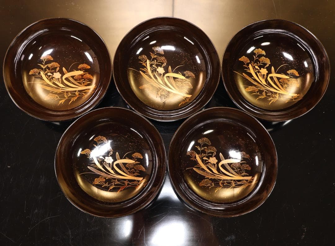 BK514　時代輪島塗　華籠蒔絵　厚物椀　五客　木製　茶道具 懐石 菓子