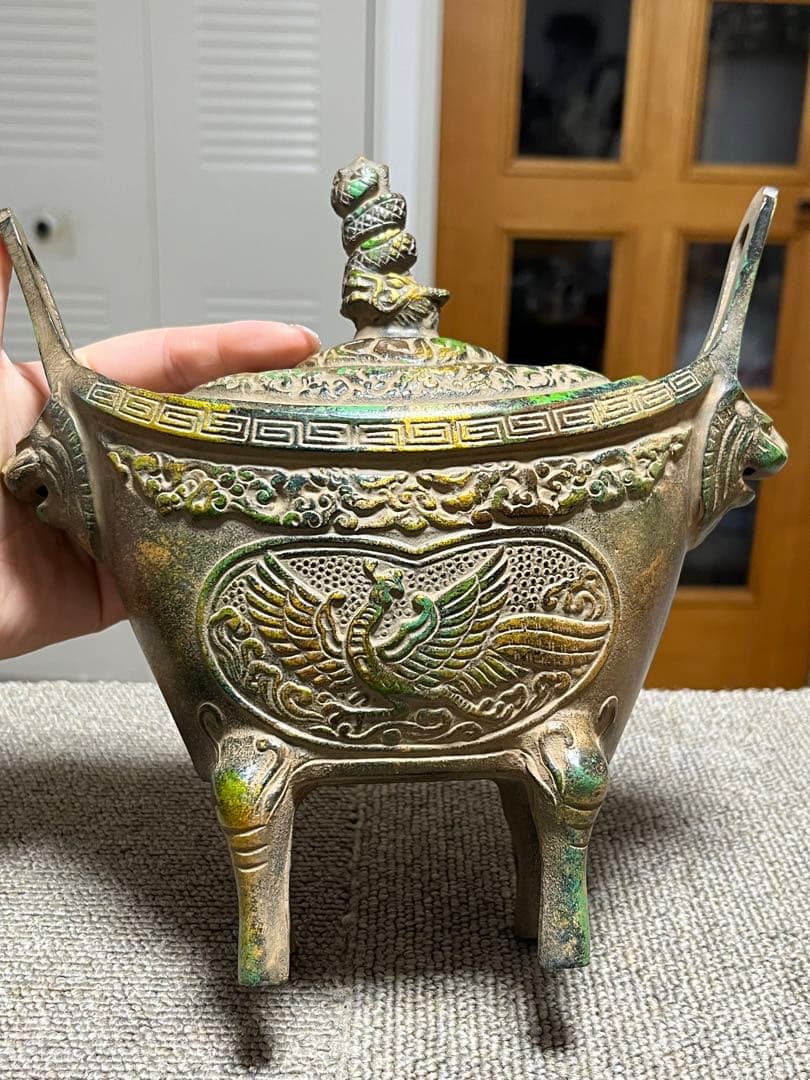【希少】骨董■中国美術 唐物 四神獣香炉 鉄製 香炉 龍鳳凰獣細密彫■