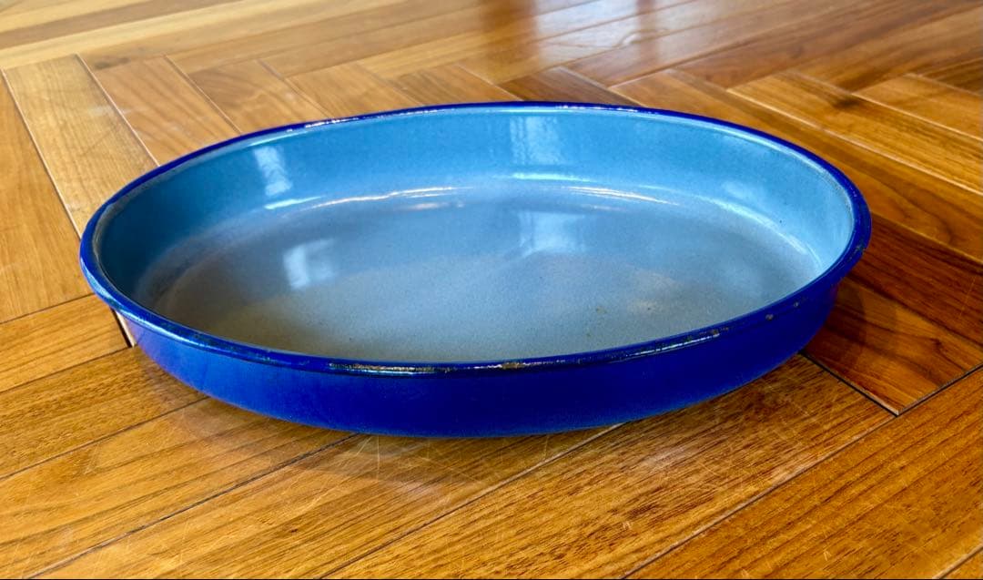 フランスアンティーク ブルーグラデーションのホーロー オーバルプレート 美品
