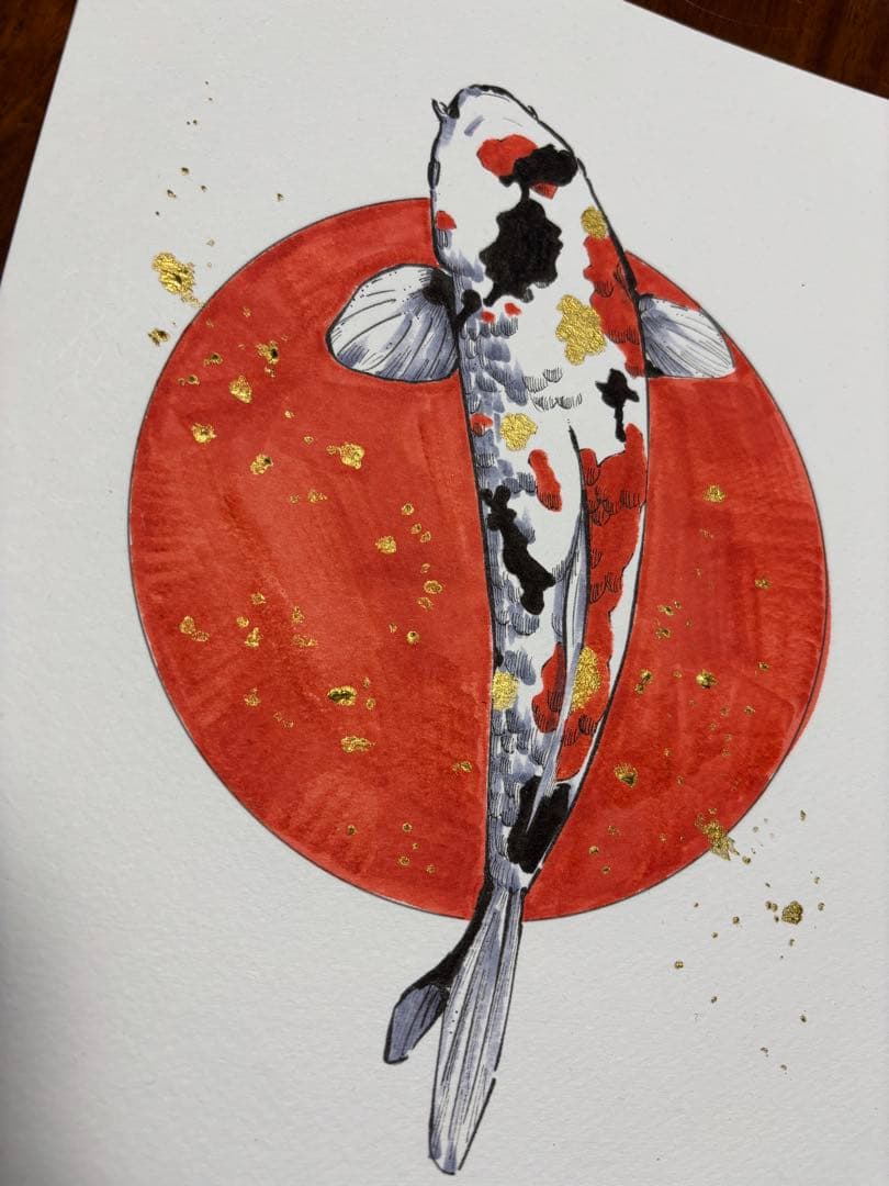 【原画】錦鯉×金箔アート A4サイズ / コピック・アクリル