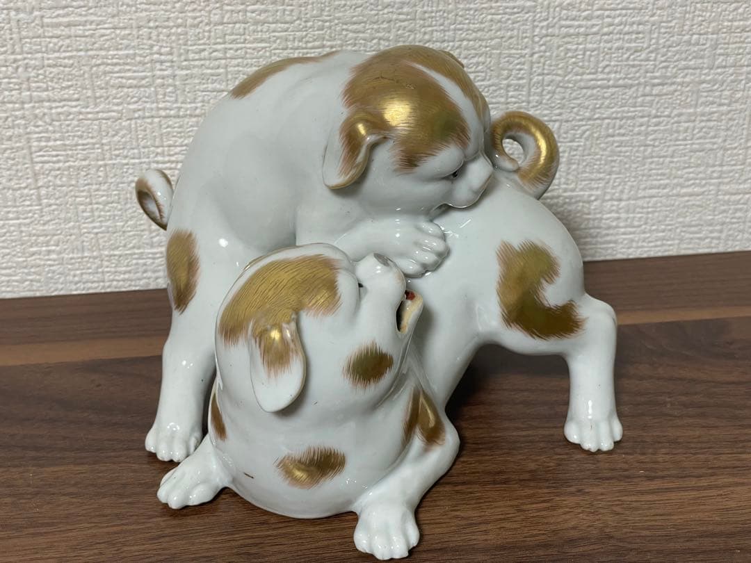 九谷焼 可愛い子犬置物 金彩 陶器オブジェ