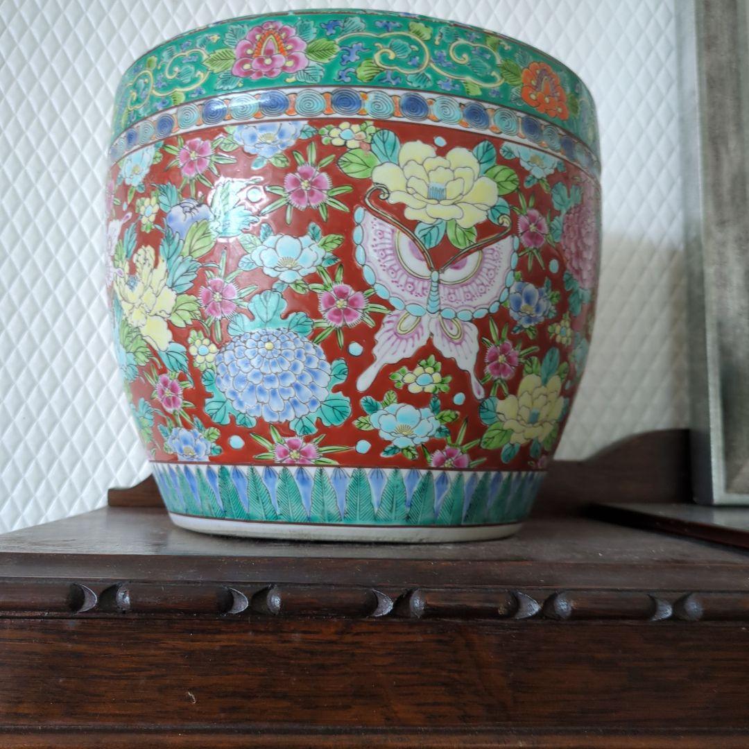 骨董　古伊万里　火鉢　十錦手　色絵　蝶々　花尽くし　鉢カバー