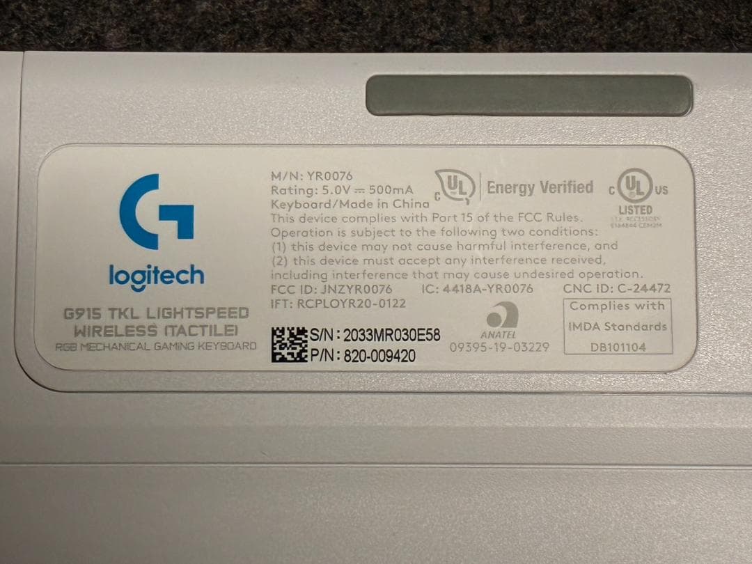 ロジクール G915 TKL 英語配列 ホワイト タクタイル