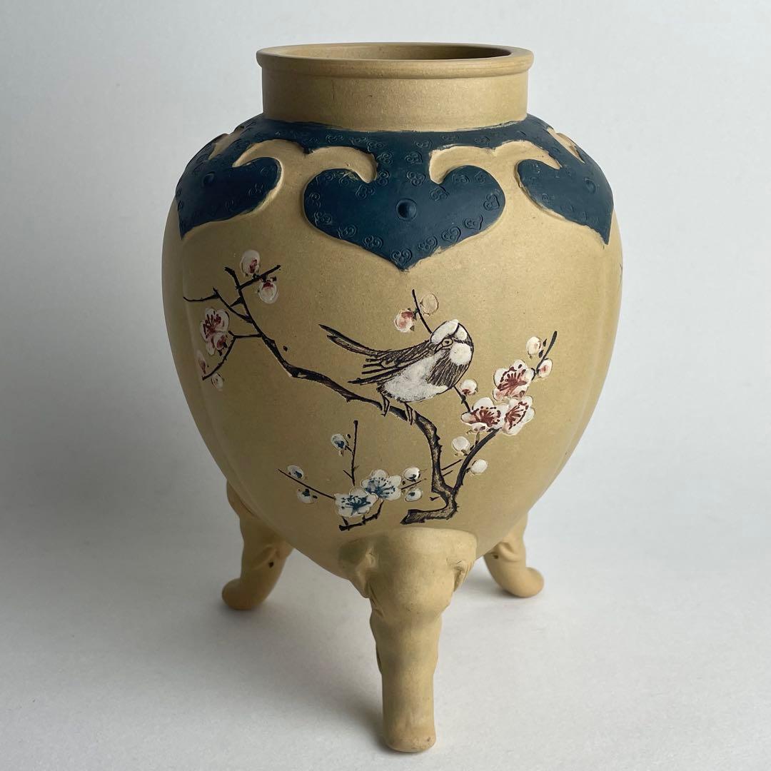 中国 古玩 白泥 花鳥図 漢詩 竹図 象首 三足 花瓶