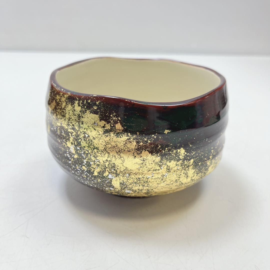 CH3267 茶道具　漆陶　抹茶碗　義晴作　金箔装飾