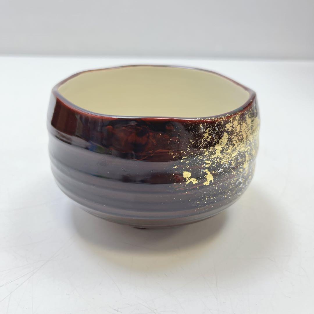CH3267 茶道具　漆陶　抹茶碗　義晴作　金箔装飾