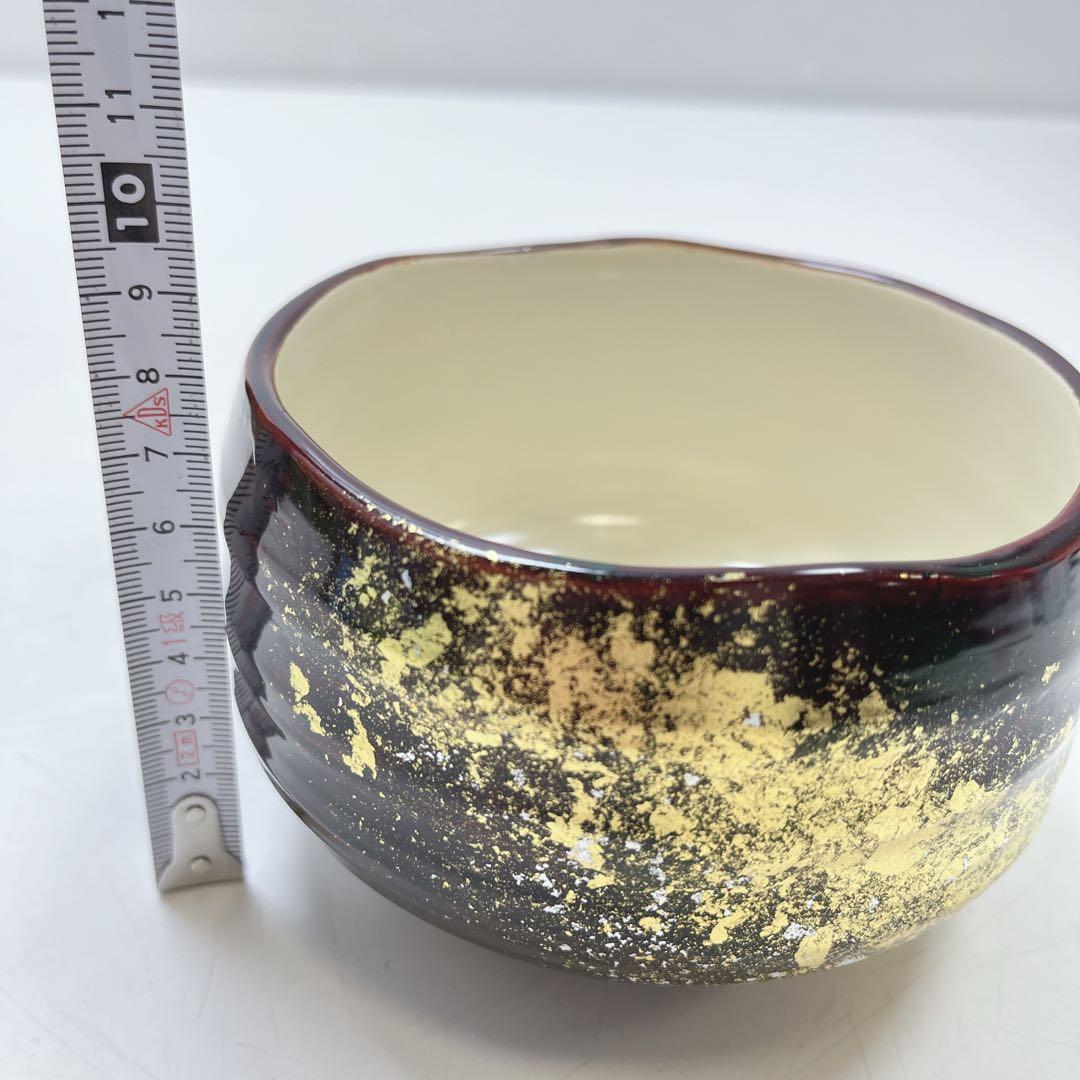 CH3267 茶道具　漆陶　抹茶碗　義晴作　金箔装飾