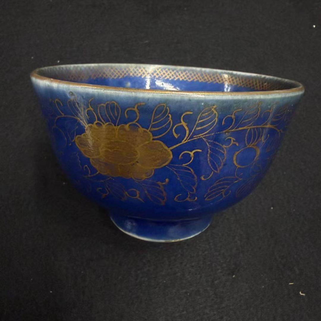 時代物　古伊万里　瑠璃釉に金彩花唐草文　蓋付茶碗　15セット