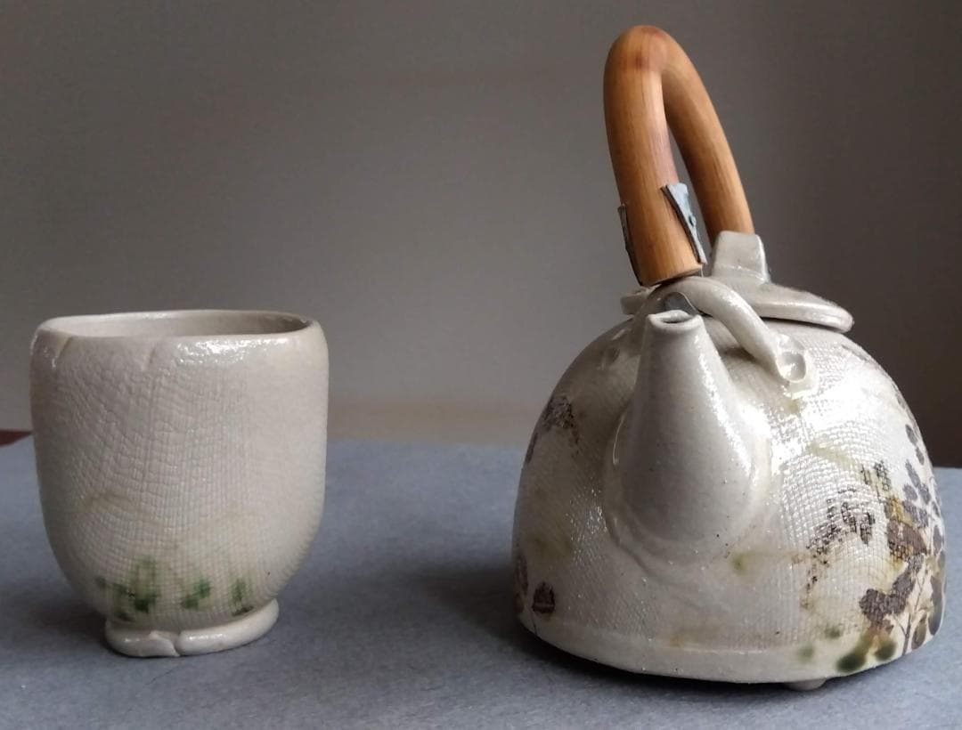 美濃焼の名工陶芸家　山田義孝【希少美品】手書き作品 急須湯呑みセット蓋取っ手付き