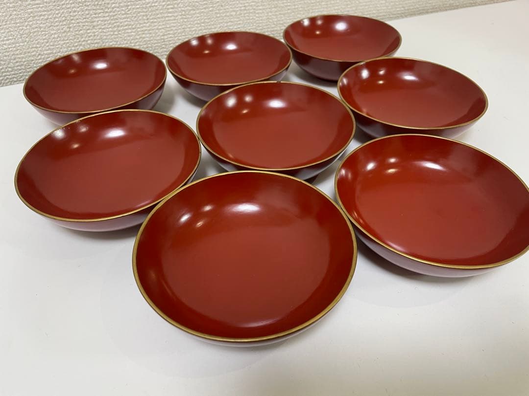 【現状品】漆器 輪島塗 金彩 朱塗 底黒塗 蓋付き椀 割烹 煮物椀 8個 ②