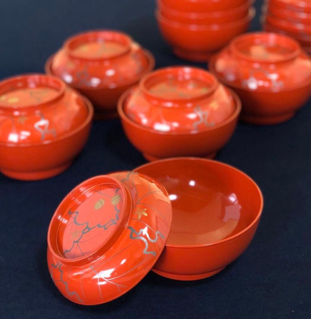 《R》朱塗 ドングリ蒔絵 菓子椀10客 木製漆器 木箱　251121え5