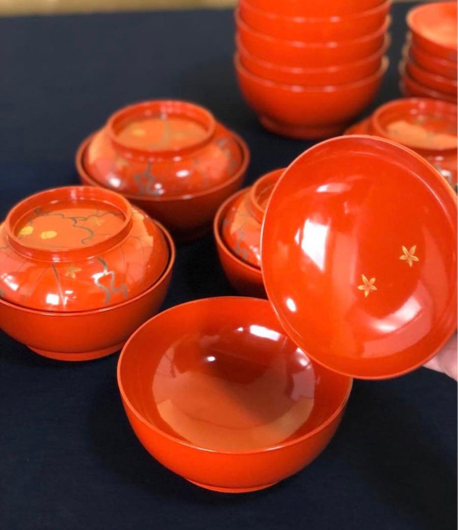 《R》朱塗 ドングリ蒔絵 菓子椀10客 木製漆器 木箱　251121え5