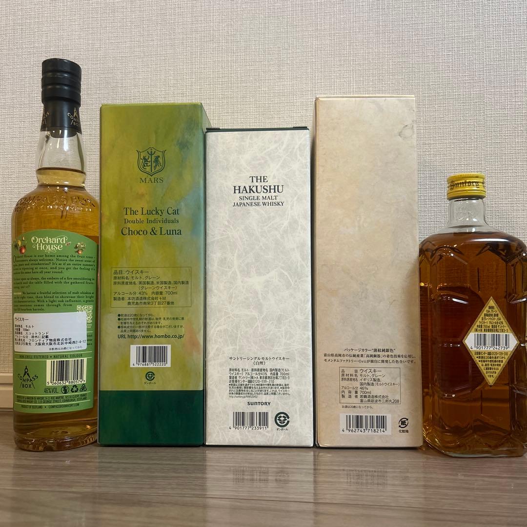 白州、玉兎、ラッキーキャット、復刻角、コンパスボックスの5本セット