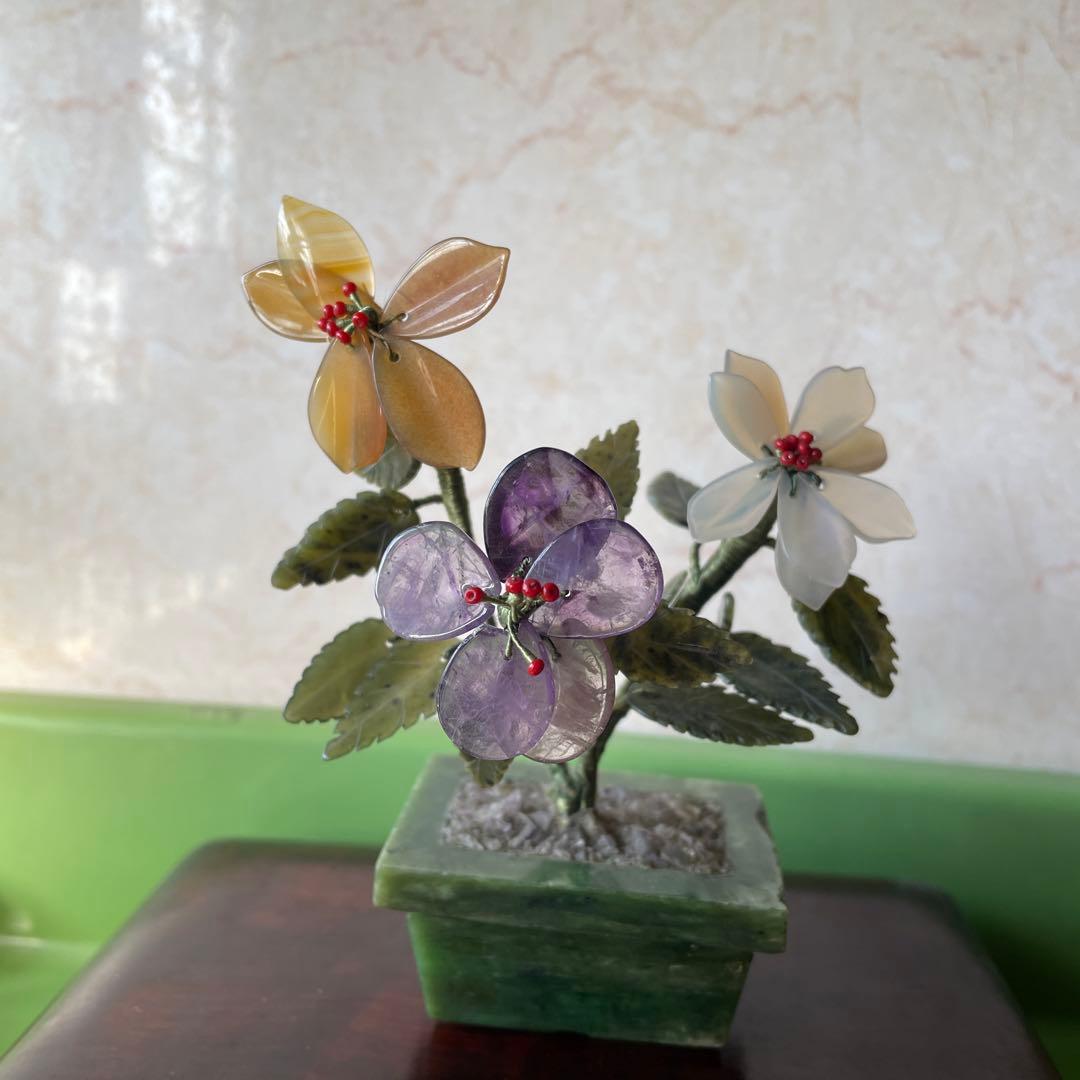 砡　玉　天然石　アメジスト　瑪瑙　メノウ　盆栽　花　中国　China 飾り