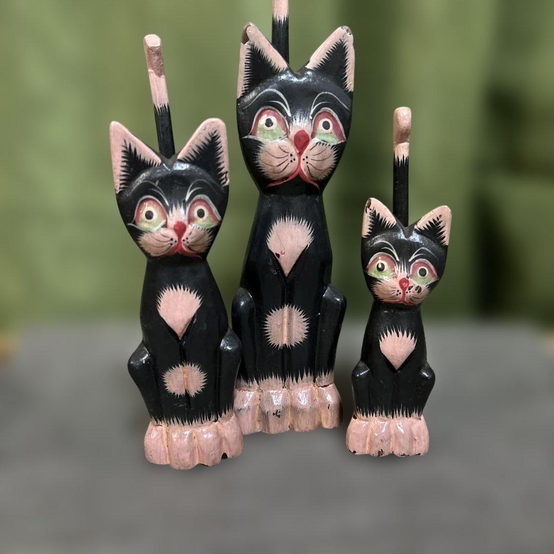 バリ猫　Balinese Folk Art Cat Sculpture Set