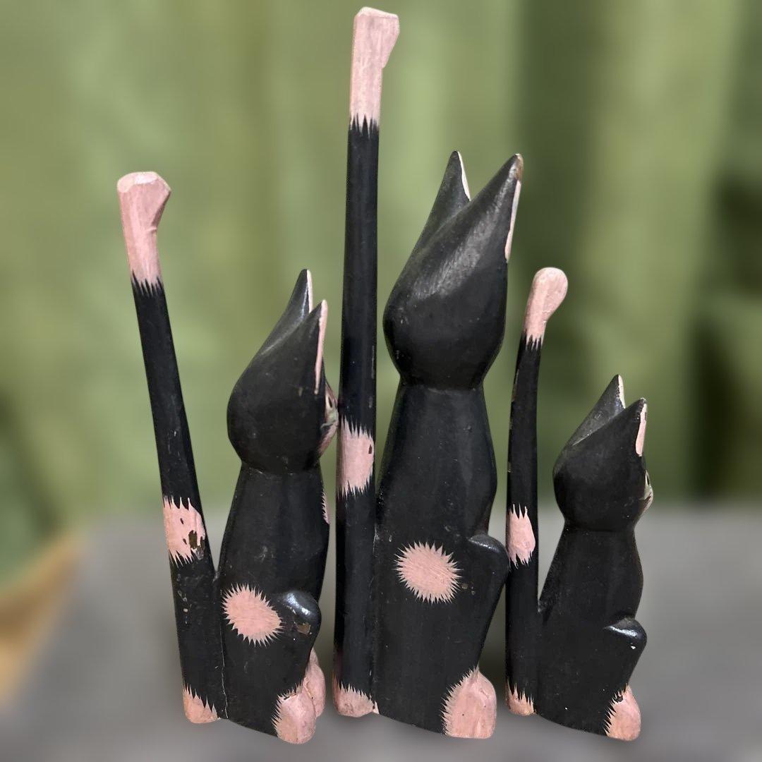バリ猫　Balinese Folk Art Cat Sculpture Set