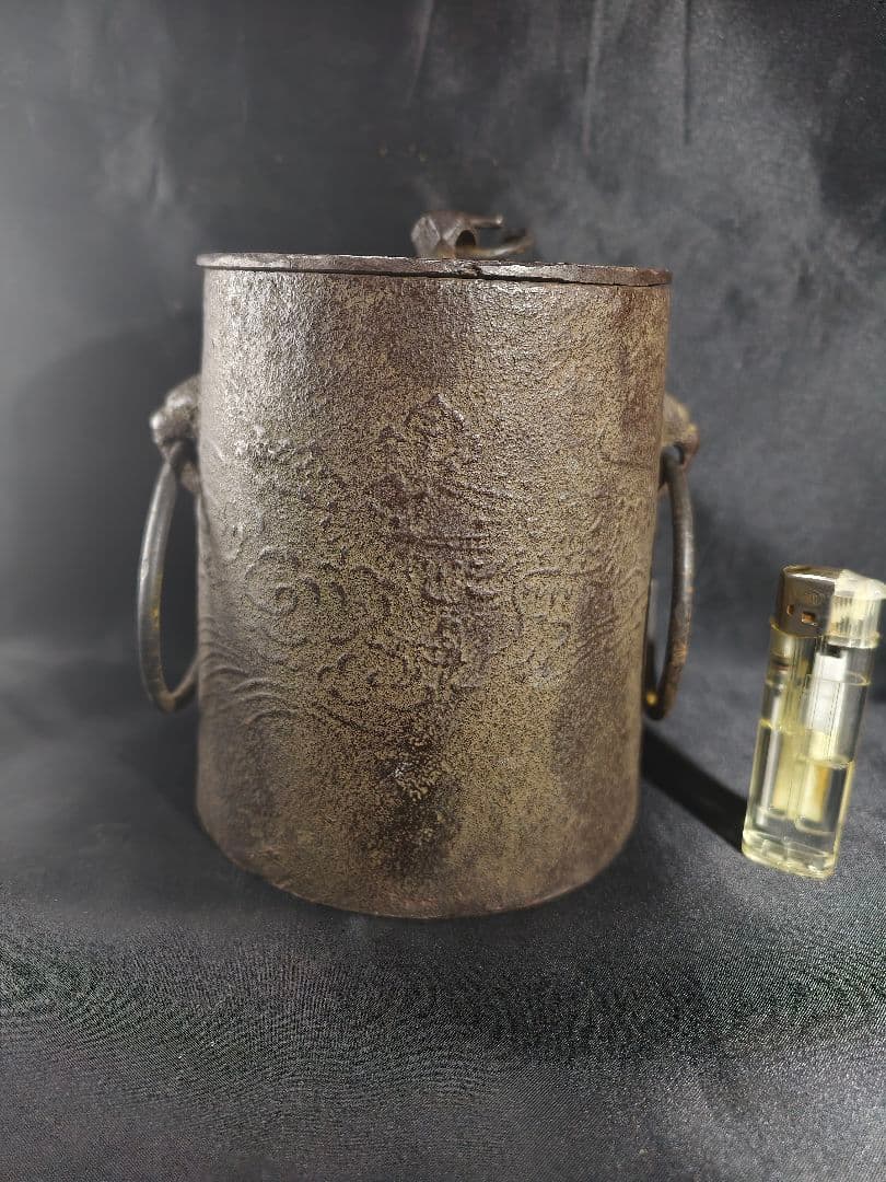 茶道具 雲龍釜 釜環付 南部鉄器 無銘 時代物 骨董 旧家蔵出し美品 古美術