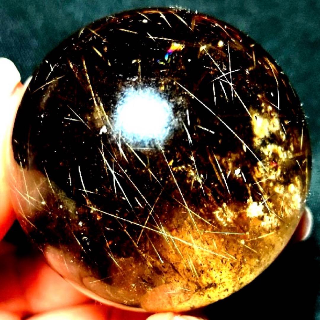 50mm 虹入りゴールドルチルクォーツ　丸玉　スフィア　金針水晶