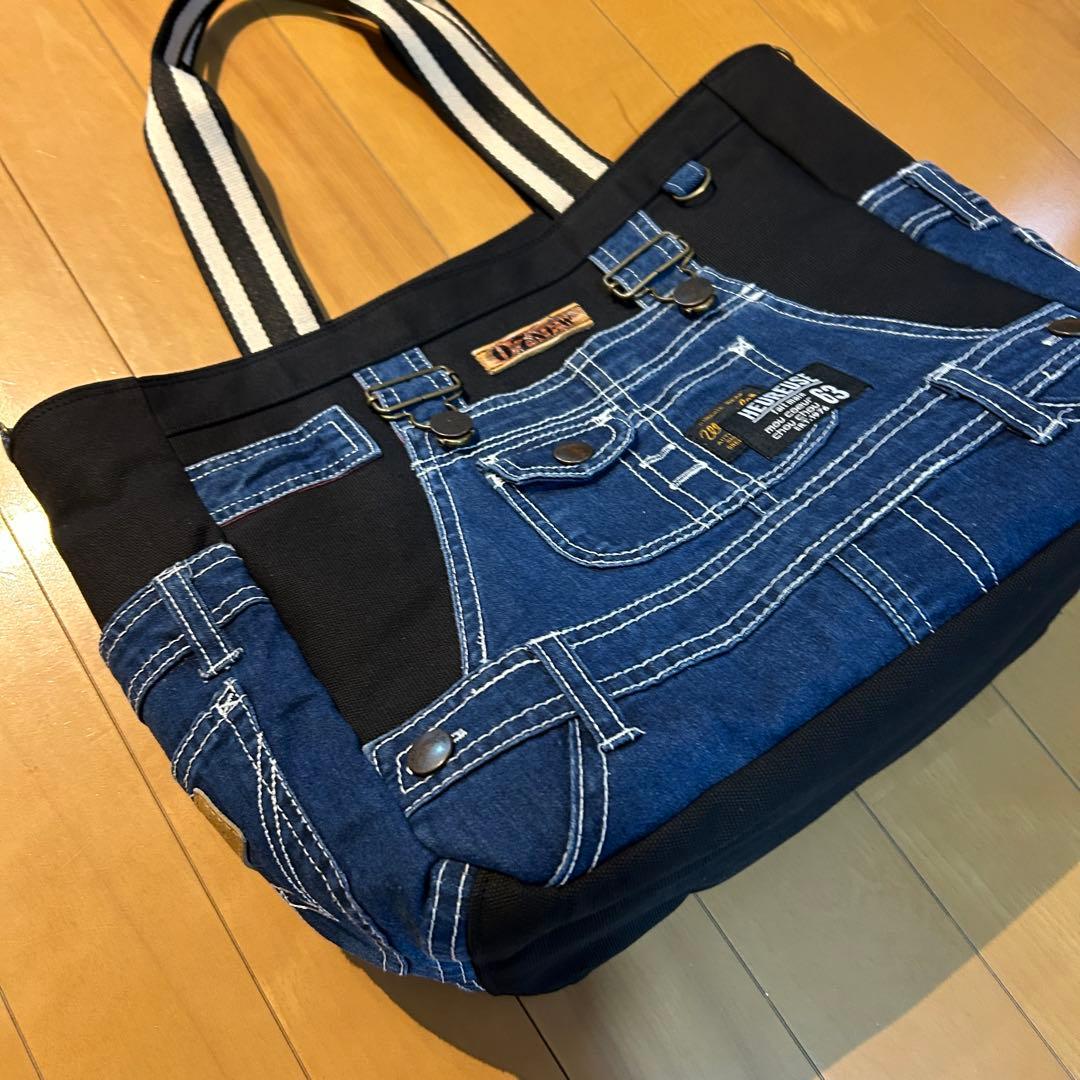 997.ブラック帆布　オーバーオール　デニムリメイク トートバッグ