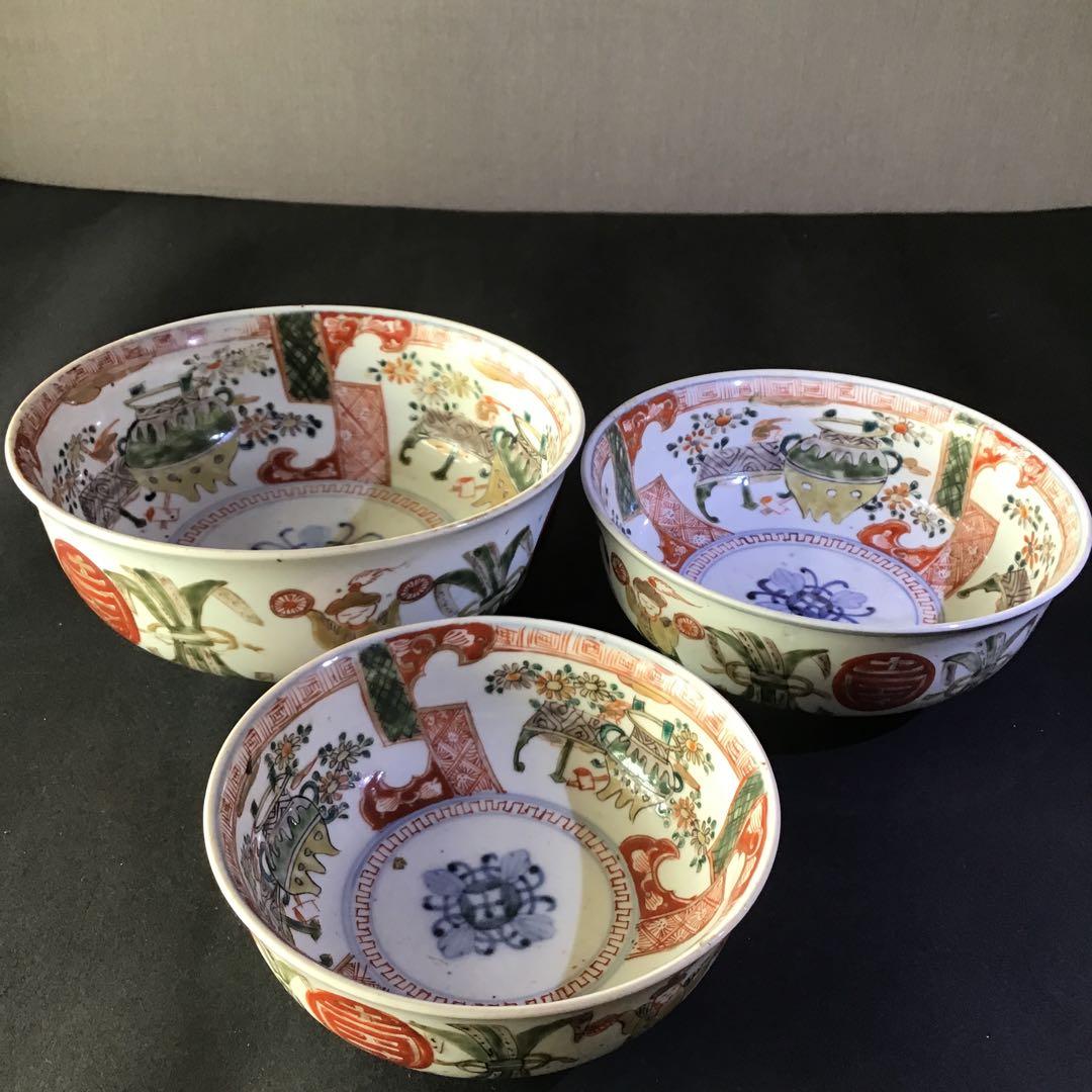 古伊万里　三ツ鉢　「寿　唐人」図　　　江戸期
