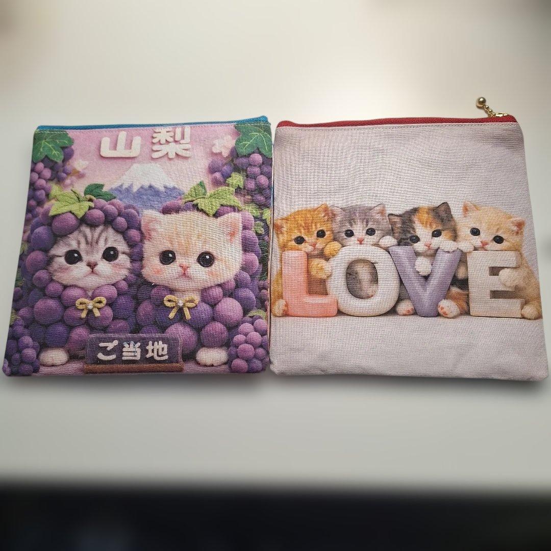 激レアねこパネル生地　ハンドメイド　フラットポーチ