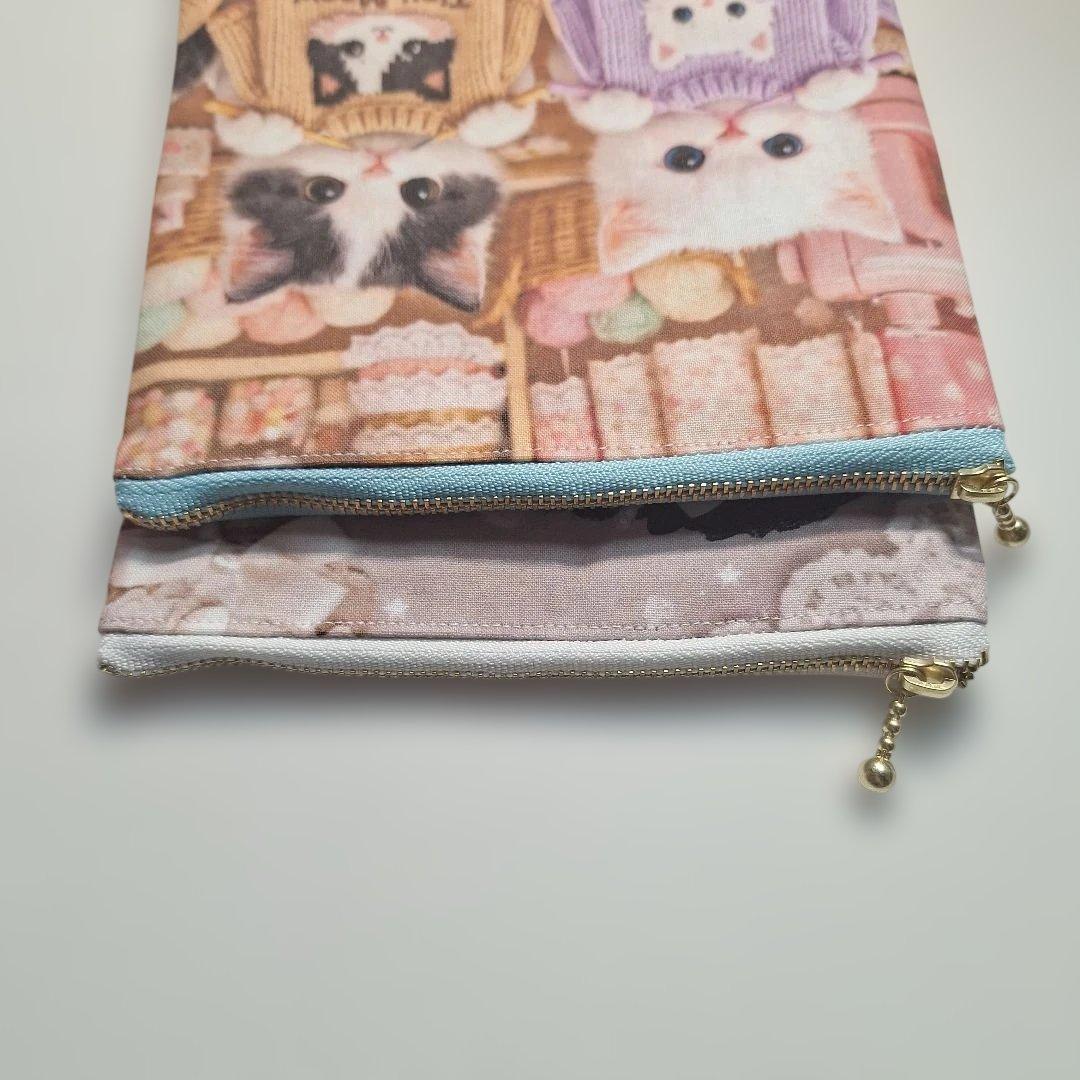 激レアねこパネル生地　ハンドメイド　フラットポーチ