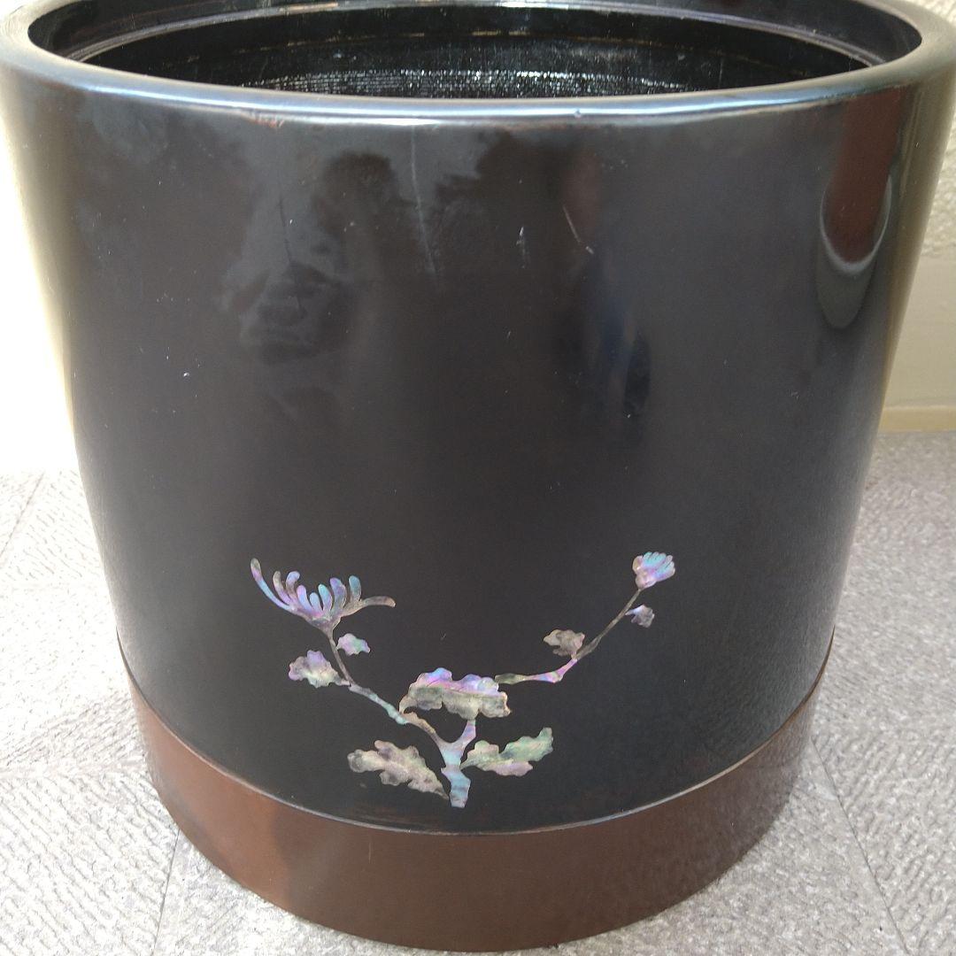 骨董 火鉢 螺鈿 花模様 木製 漆器 内側銅器 花入 鉢カバー 貝細工