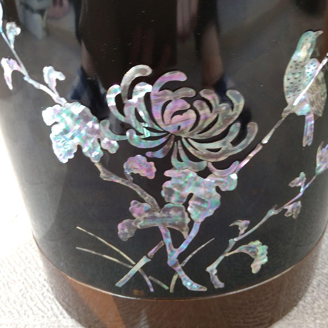 骨董 火鉢 螺鈿 花模様 木製 漆器 内側銅器 花入 鉢カバー 貝細工