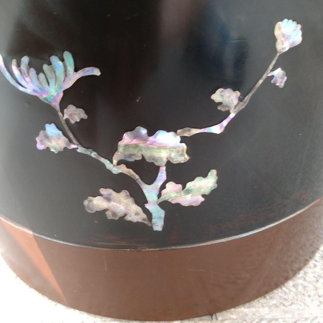 骨董 火鉢 螺鈿 花模様 木製 漆器 内側銅器 花入 鉢カバー 貝細工