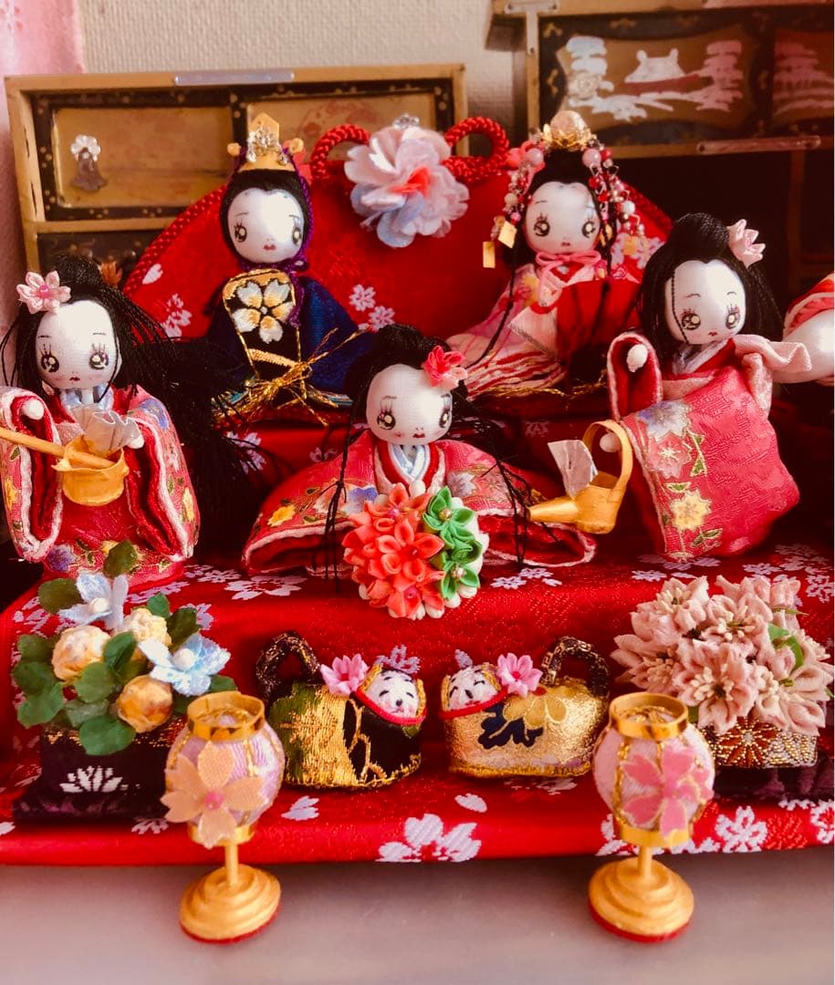 ♡ひな祭り 三段飾り 大人のひな祭り 雛人形 雛飾り 古今雛 犬筥♡ち手作り♡