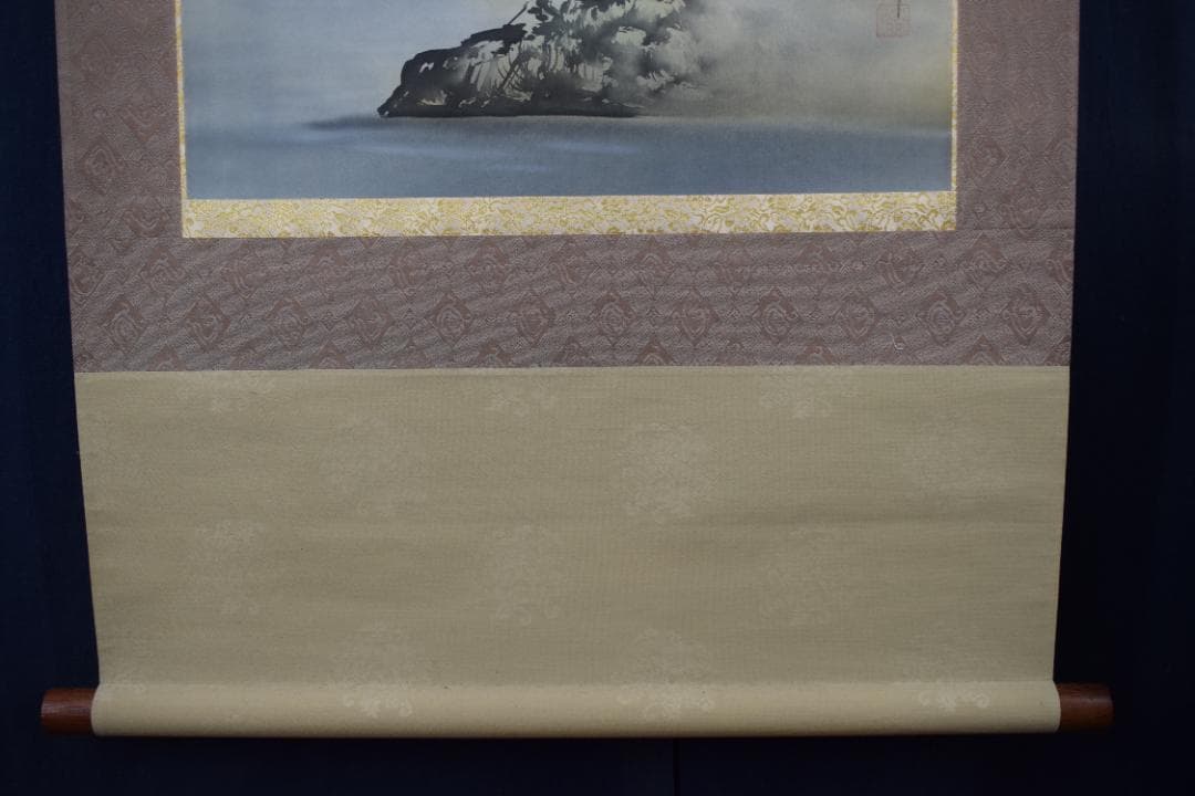 【真作】秀峰/桜花山水帰漁図/春景山水図/掛軸☆宝船☆Y-477　JM