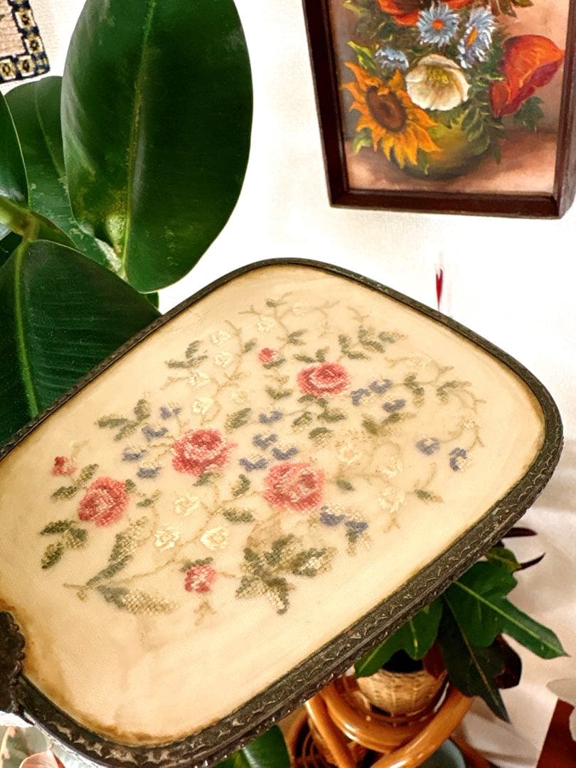 Antique 花柄刺繍ミラーブラシセット1930〜40s