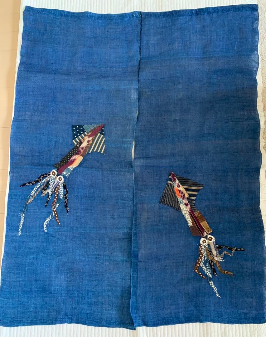 新品 藍染 暖簾 のれん 麻のれん イカ柄 和小物