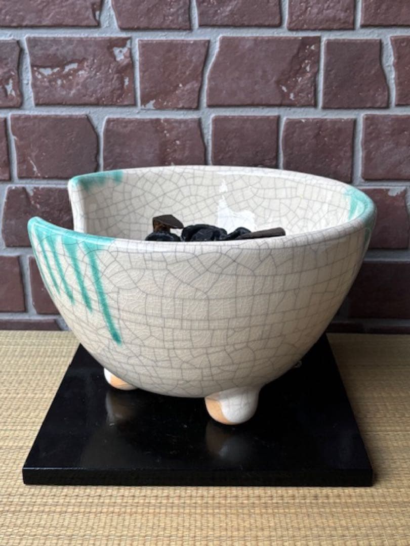 茶道具野々田商店緑釉掛さつま織部紅鉢型風炉型電熱器炭型ヒーター香入前瓦敷板紙箱付