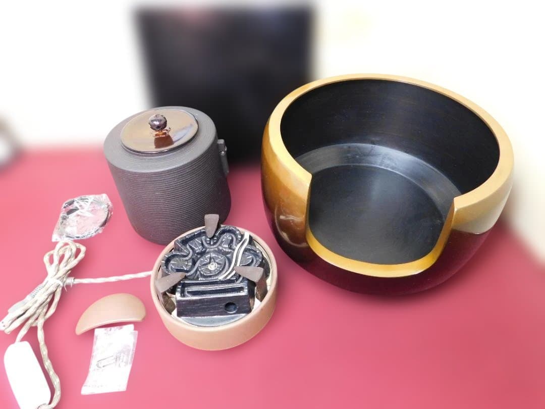 ☆合金面取風炉 さびない糸目筒釜 釜環 電熱器 敷板 前瓦香入れフルセット送料込